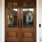 Beautiful Craftsman-style double entry doors featuring a custom warm wood stain by Paintmasters.